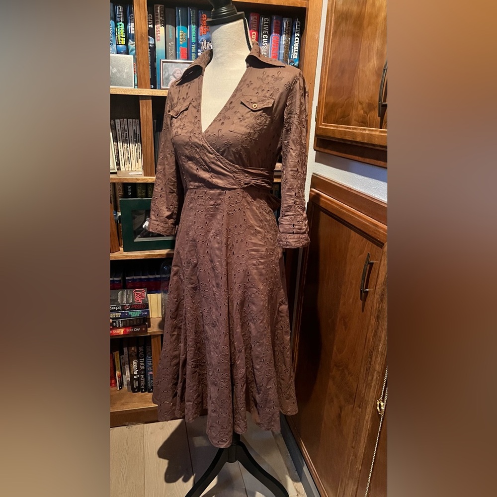 CAbi Brown A-Line Midi Dress with Plunge Neckline